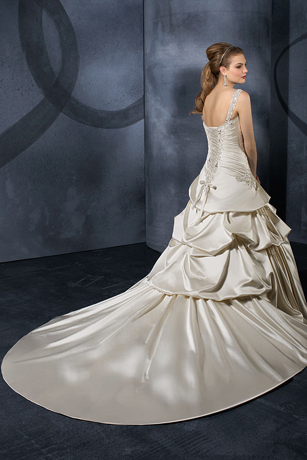 Court Train Beaded Satin Ivory Wedding Gown - Click Image to Close